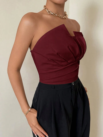 Women's Asymmetrical Pleated Strapless Bodysuit, Elegant For Casual Wear, Holiday, Wedding, Dating, Music Festivals, Summer