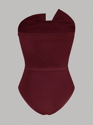 Women's Asymmetrical Pleated Strapless Bodysuit, Elegant For Casual Wear, Holiday, Wedding, Dating, Music Festivals, Summer