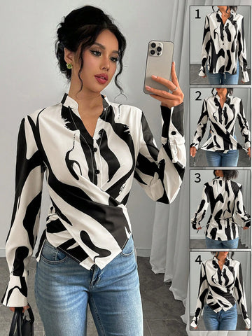 Privé Women's Asymmetrical Print, Color Block Patchwork, Knotted Bow Tie Elegant Work Casual Blouse