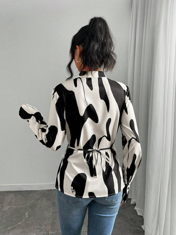 Privé Women's Asymmetrical Print, Color Block Patchwork, Knotted Bow Tie Elegant Work Casual Blouse