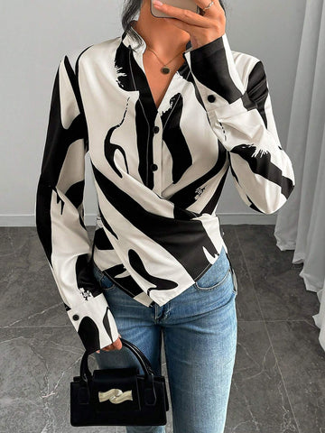 Privé Women's Asymmetrical Print, Color Block Patchwork, Knotted Bow Tie Elegant Work Casual Blouse