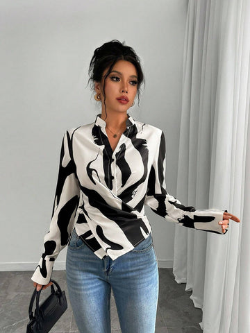 Privé Women's Asymmetrical Print, Color Block Patchwork, Knotted Bow Tie Elegant Work Casual Blouse