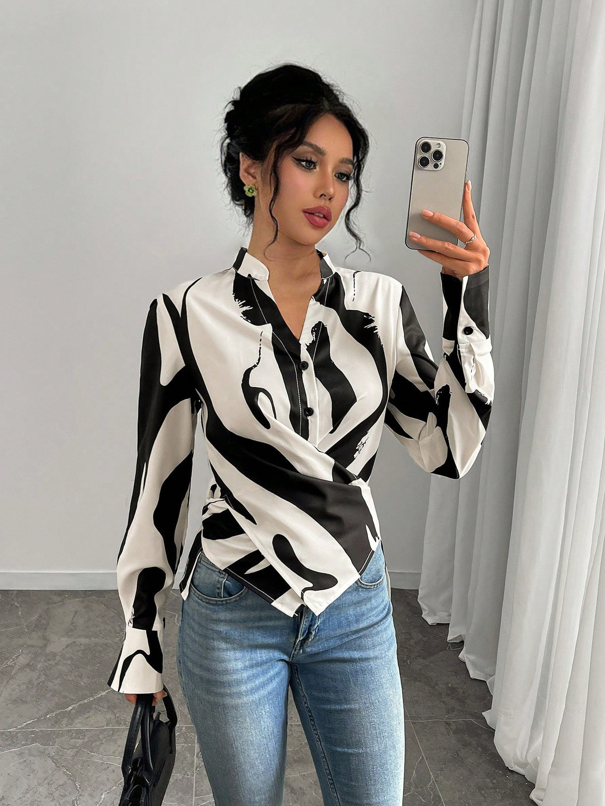 Privé Women's Asymmetrical Print, Color Block Patchwork, Knotted Bow Tie Elegant Work Casual Blouse