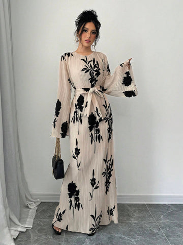 Women's Autumn/Winter Elegant Pleated Fabric Flared Long Sleeve Dress
