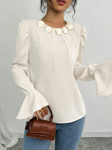 Privé Women's Autumn/Winter Fashion Casual Blouse, Straight Shoulder Long Sleeve, Flared Cuff, Front Placket Fold, 3D Flower