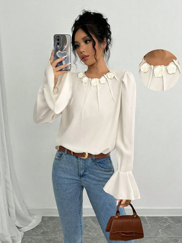 Privé Women's Autumn/Winter Fashion Casual Blouse, Straight Shoulder Long Sleeve, Flared Cuff, Front Placket Fold, 3D Flower