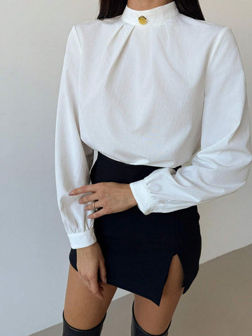 Privé Women's Autumn/Winter New White Collared Ruched Metal Decor Elegant Office Fitted Shirt