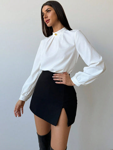 Privé Women's Autumn/Winter New White Collared Ruched Metal Decor Elegant Office Fitted Shirt