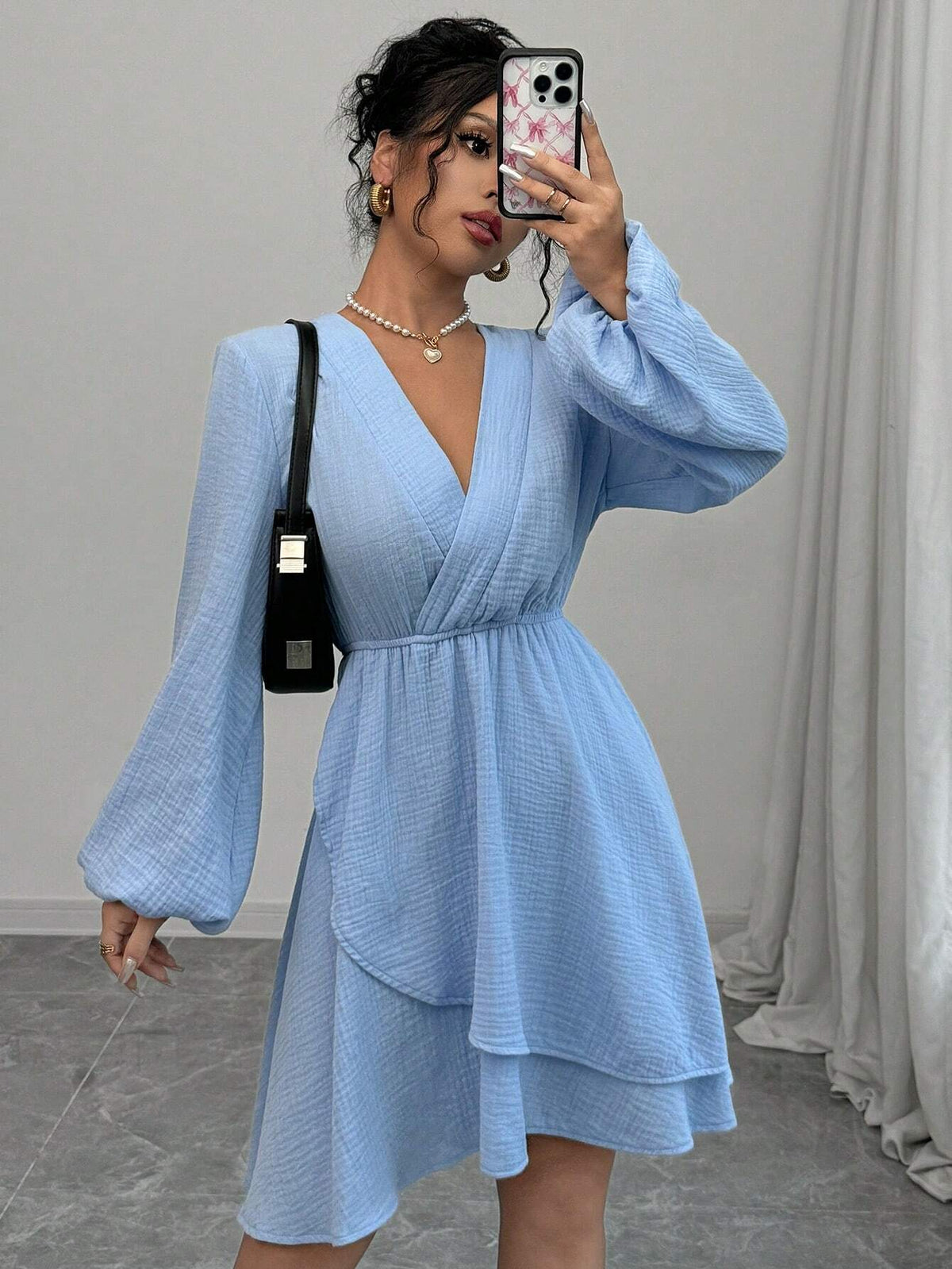 Women's Autumn Casual Elegant Solid Crinkle Fabric Lantern Sleeve Crossover V-Neck Wrap Ti