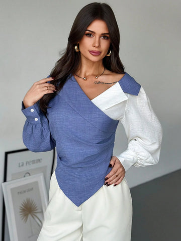 Privé Women's Autumn Color Block Ruched Asymmetric Hem Fashion Long Sleeve Blouse