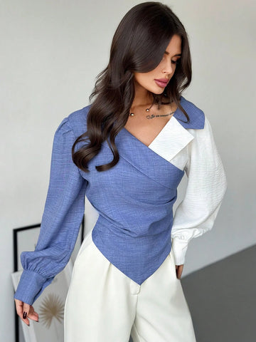 Privé Women's Autumn Color Block Ruched Asymmetric Hem Fashion Long Sleeve Blouse