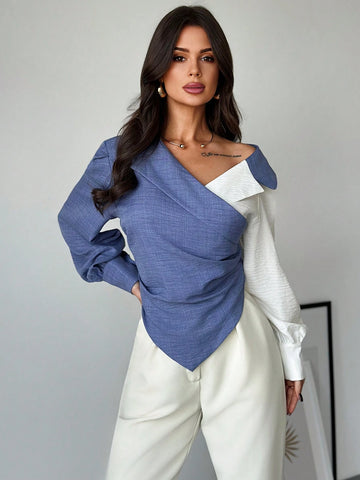 Privé Women's Autumn Color Block Ruched Asymmetric Hem Fashion Long Sleeve Blouse