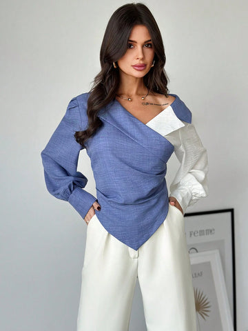 Privé Women's Autumn Color Block Ruched Asymmetric Hem Fashion Long Sleeve Blouse