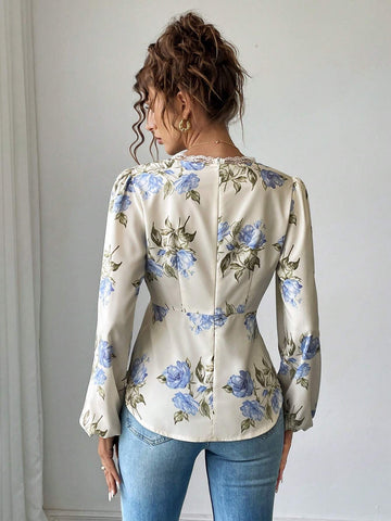 Privé Women's Autumn Elegant Floral Print Contrast Lace V-Neck Lantern Sleeve Blouse