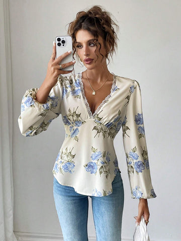 Privé Women's Autumn Elegant Floral Print Contrast Lace V-Neck Lantern Sleeve Blouse