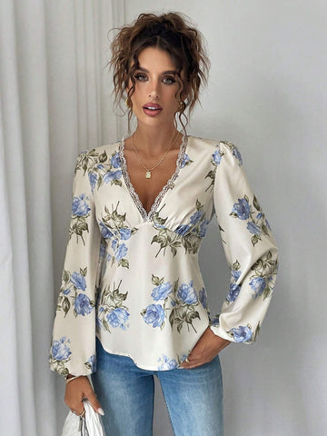 Privé Women's Autumn Elegant Floral Print Contrast Lace V-Neck Lantern Sleeve Blouse