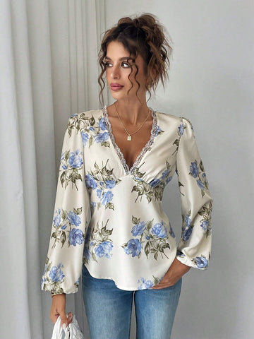 Privé Women's Autumn Elegant Floral Print Contrast Lace V-Neck Lantern Sleeve Blouse