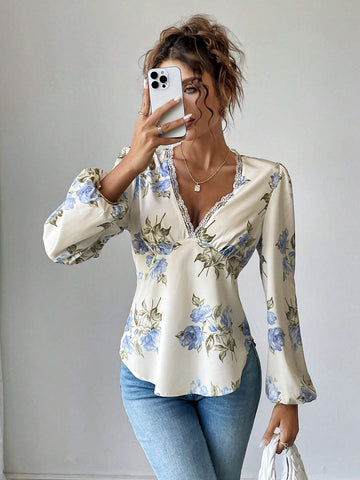 Privé Women's Autumn Elegant Floral Print Contrast Lace V-Neck Lantern Sleeve Blouse