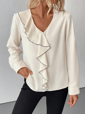 Privé Women's Autumn Long Sleeve V-Neck Loose Elegant Ruffle Hem Blouse