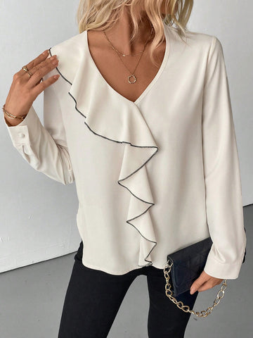 Privé Women's Autumn Long Sleeve V-Neck Loose Elegant Ruffle Hem Blouse