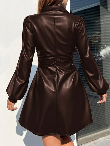 Women's Autumn Pleated Single-Breasted PU Leather Short Dress