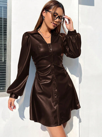 Women's Autumn Pleated Single-Breasted PU Leather Short Dress