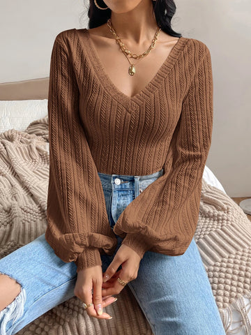 Women's Autumn Simple Casual Elegant V-Neck Lantern Sleeve Long Sleeve T-Shirt, Fall Tee Clothes Going Out Tops Fall Women Clothes