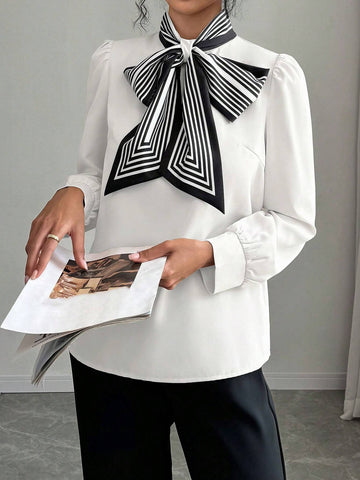 Privé Women's Autumn Striped Tie Neck Puff Sleeve Elegant Blouse