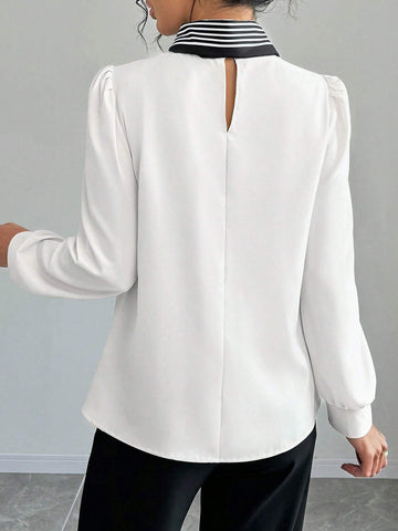 Privé Women's Autumn Striped Tie Neck Puff Sleeve Elegant Blouse