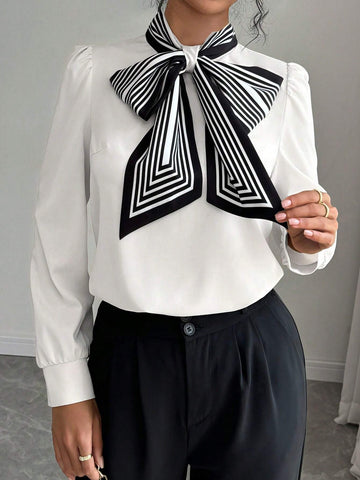 Privé Women's Autumn Striped Tie Neck Puff Sleeve Elegant Blouse
