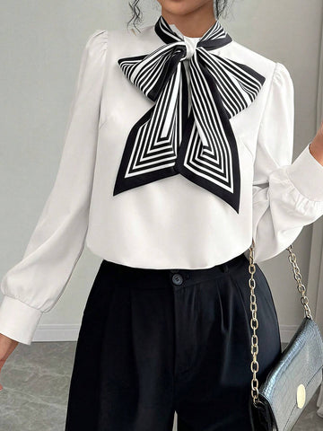 Privé Women's Autumn Striped Tie Neck Puff Sleeve Elegant Blouse