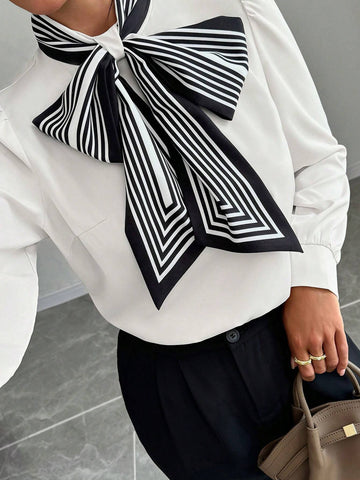 Privé Women's Autumn Striped Tie Neck Puff Sleeve Elegant Blouse