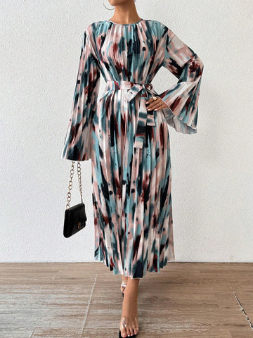 Women's Autumn Tie Dye Print Ruffled Flare Sleeve Maxi Elegant Dress