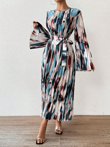 Women's Autumn Tie Dye Print Ruffled Flare Sleeve Maxi Elegant Dress