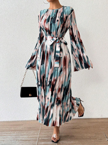 Women's Autumn Tie Dye Print Ruffled Flare Sleeve Maxi Elegant Dress
