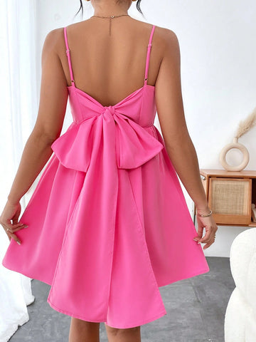 Women's Back Knot Solid Color Spaghetti Strap Dress