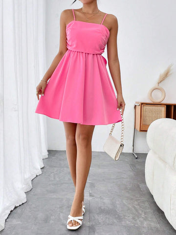 Women's Back Knot Solid Color Spaghetti Strap Dress