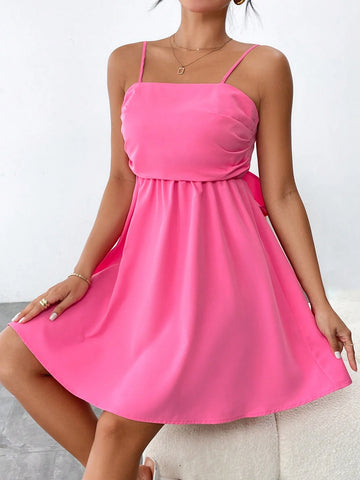 Women's Back Knot Solid Color Spaghetti Strap Dress