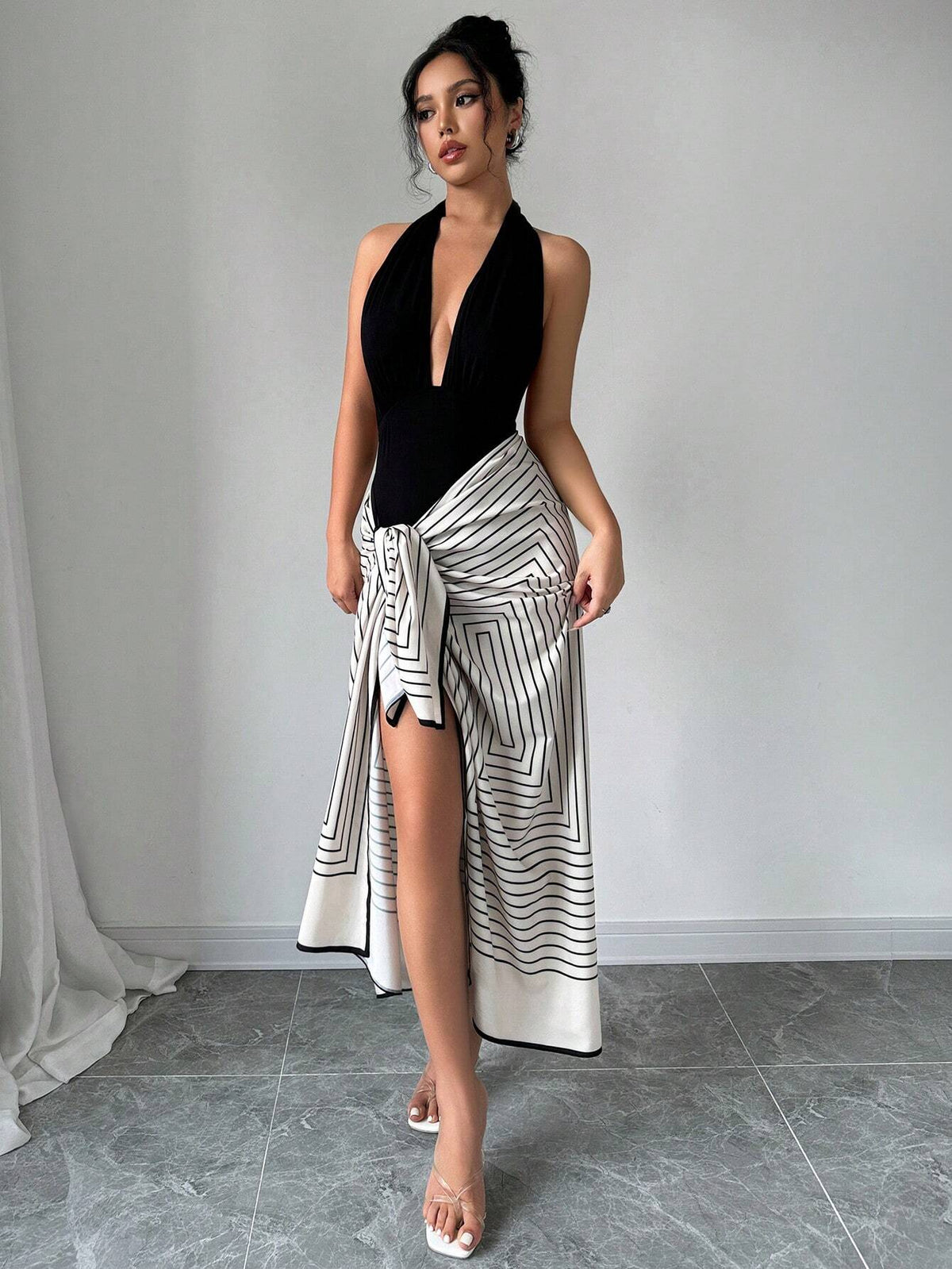 Women's Backless Halter Bodysuit And Striped Tie-Wrap Skirt Set