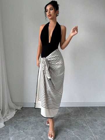 Women's Backless Halter Bodysuit And Striped Tie-Wrap Skirt Set