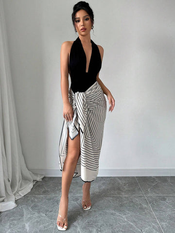 Women's Backless Halter Bodysuit And Striped Tie-Wrap Skirt Set