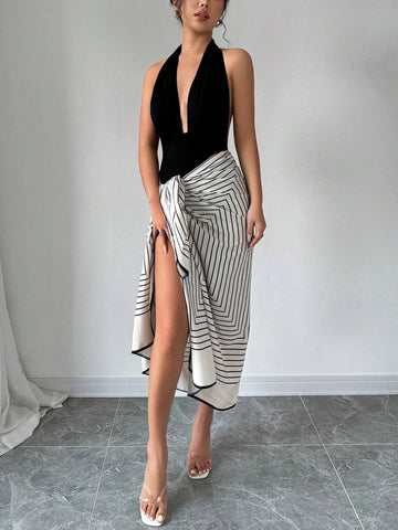 Women's Backless Halter Bodysuit And Striped Tie-Wrap Skirt Set