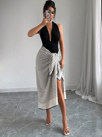 Women's Backless Halter Bodysuit And Striped Tie-Wrap Skirt Set