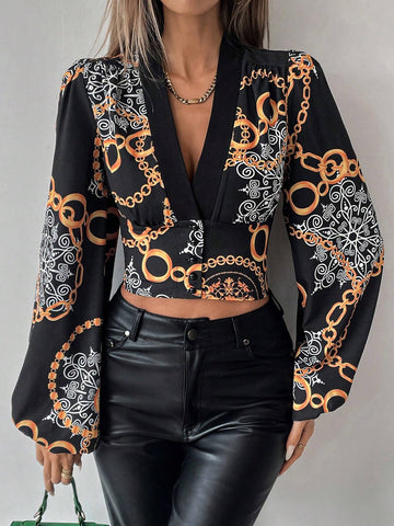 Privé Women's Baroque Print Lantern Sleeve Cropped Blouse, Spring/Summer