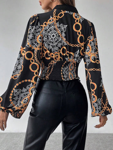 Privé Women's Baroque Print Lantern Sleeve Cropped Blouse, Spring/Summer