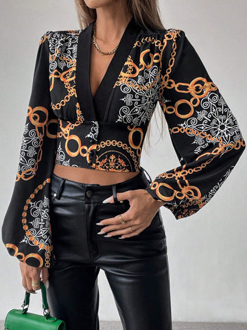 Privé Women's Baroque Print Lantern Sleeve Cropped Blouse, Spring/Summer