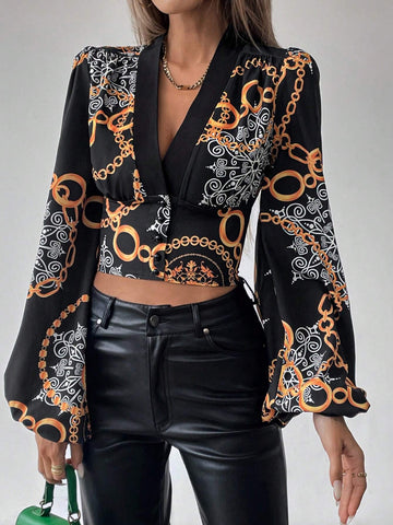 Privé Women's Baroque Print Lantern Sleeve Cropped Blouse, Spring/Summer