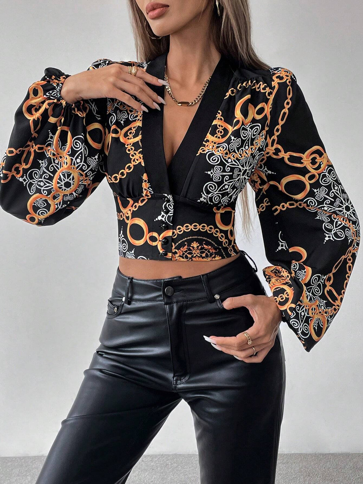 Privé Women's Baroque Print Lantern Sleeve Cropped Blouse, Spring/Summer
