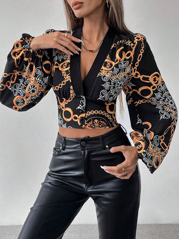 Privé Women's Baroque Print Lantern Sleeve Cropped Blouse, Spring/Summer