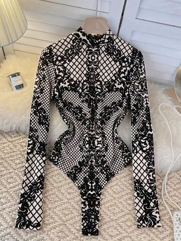 Women's Baroque Printed Stand Collar Long Sleeve Bodysuit